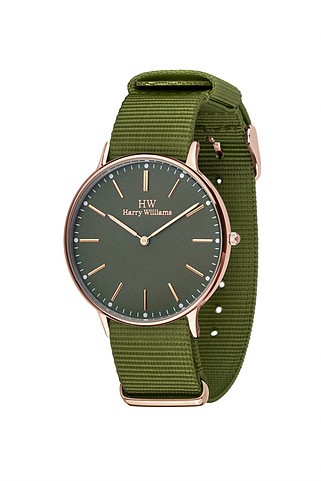 HARRY WILLIAMS Rose Gold Green Fabric Strap