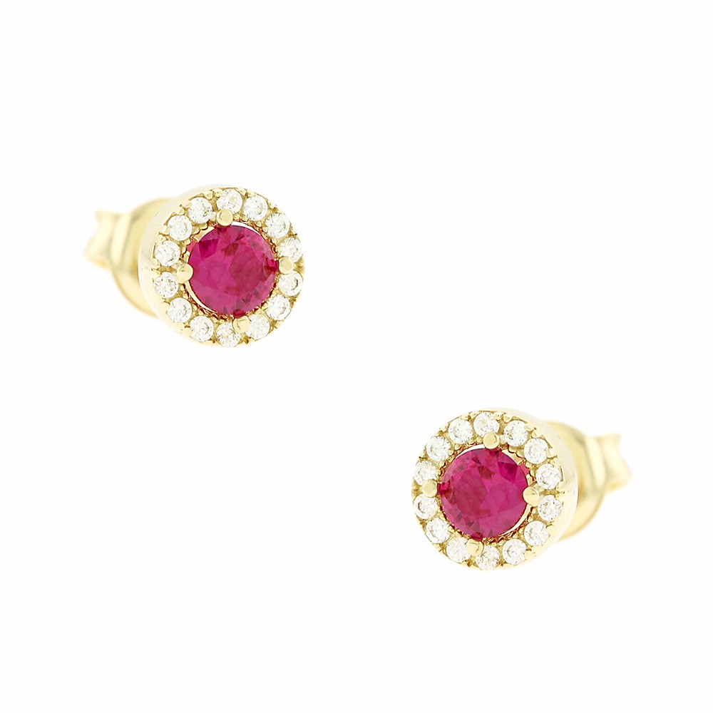 Σκουλαρίκια ροζέτες σε χρυσό 14 καρατίων με κόκκινο και λευκό ζιργκόν